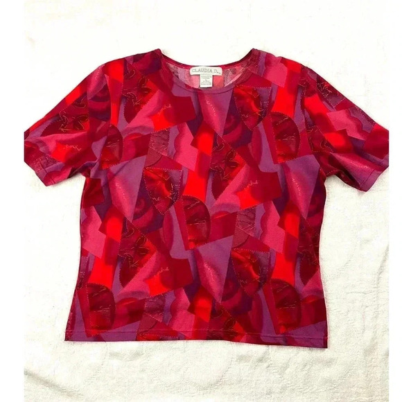 VTG Red Retro Top LARGE Shirt Short Sleeve 1990's Design Claudia D Women's - Picture 7 of 8
